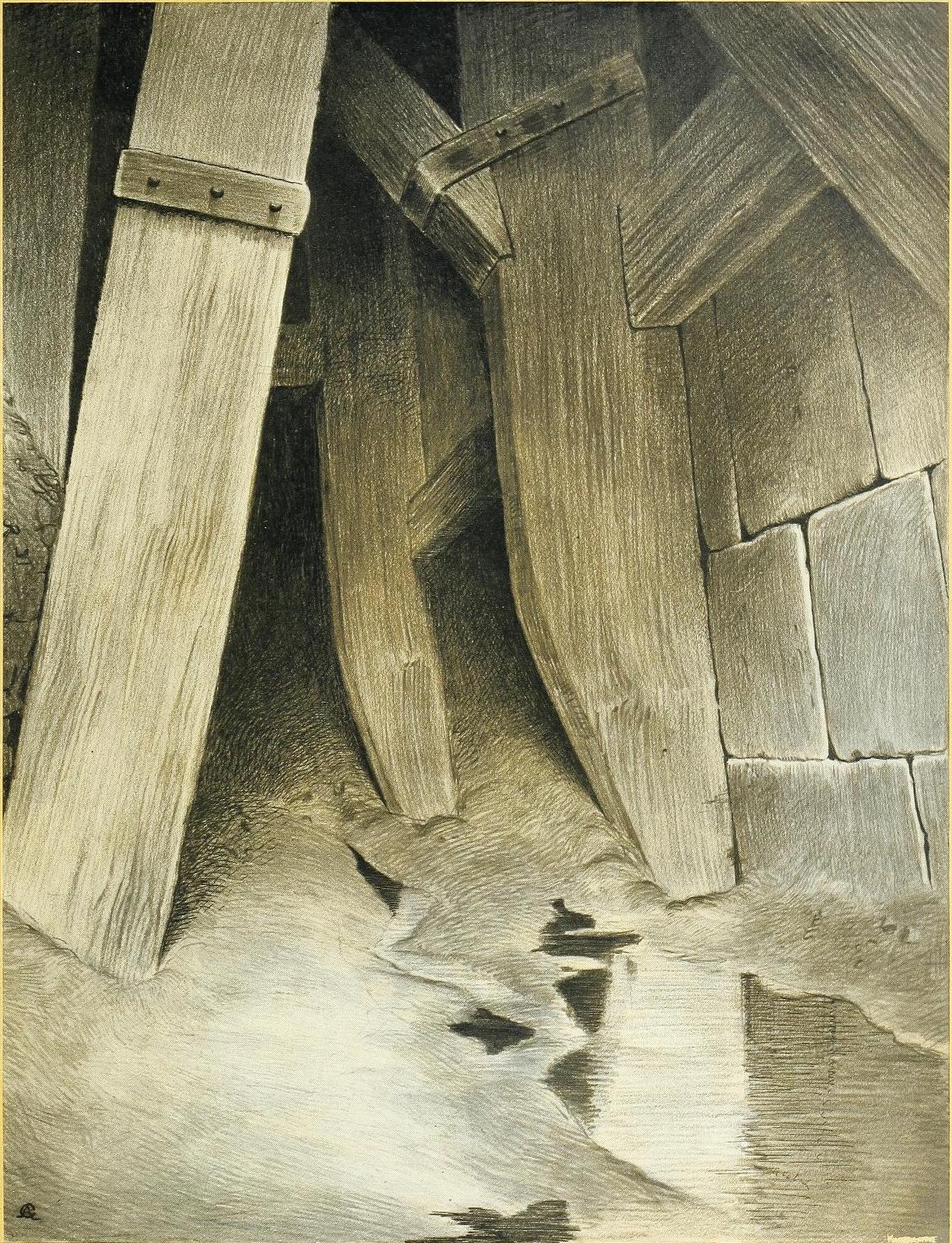 A 19th century drawing of a damp basement, with wooden beams reflected in a pool of water.