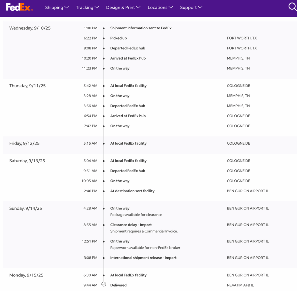 Screenshots, die diese Woche von der FedEx-Website aufgenommen wurden und Details einer Sendung von Fort Worth, Texas, zum Nevatim-Luftwaffenstützpunkt zeigen.