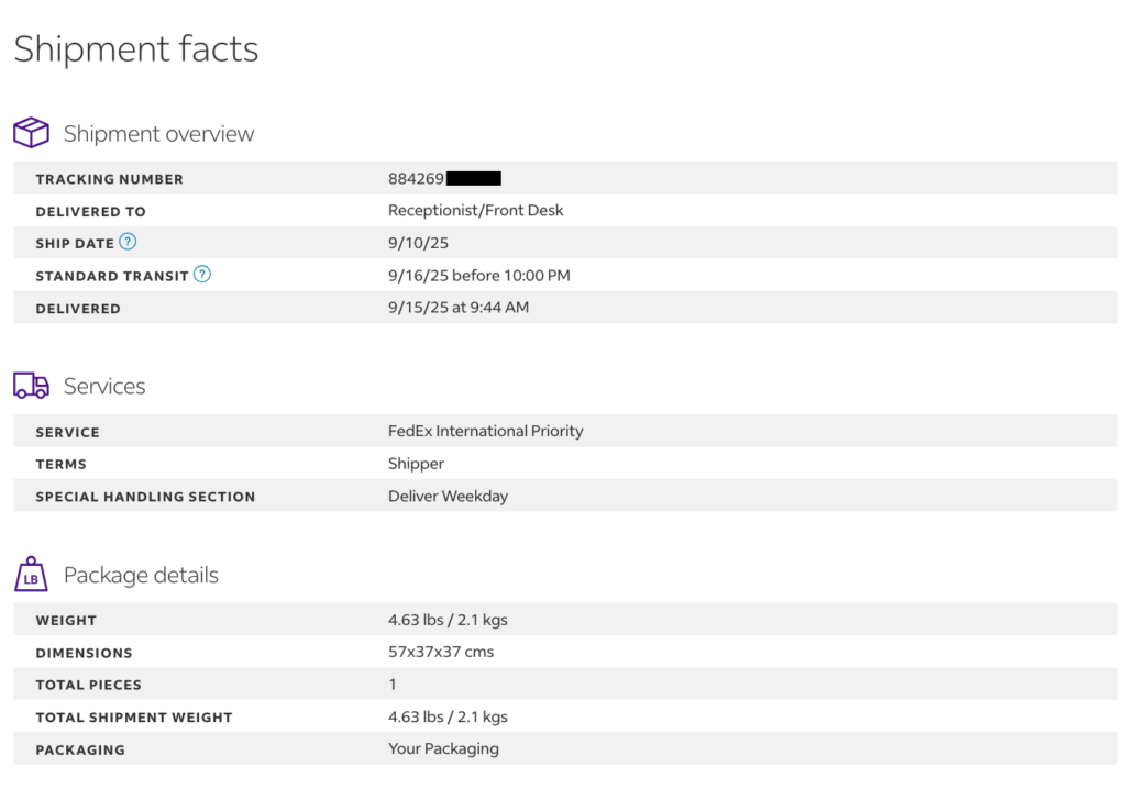 Screenshots, die diese Woche von der FedEx-Website aufgenommen wurden und Details einer Sendung von Fort Worth, Texas, zum Nevatim-Luftwaffenstützpunkt zeigen.